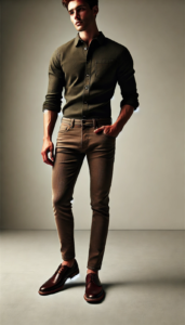 Brown jeans with Olive Green shirt