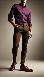 Brown jeans with Purple shirt