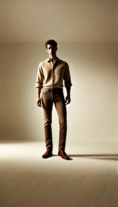 Brown jeans with Tan or Beige shirt