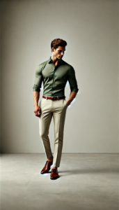 Olive Green Shirt with Cream Colour Pants