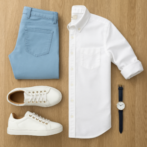 White Shirt with Light Blue Pants